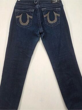 True Religion Dark Blue Straight Leg Jeans with Glitter Back Pocket Logo